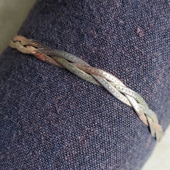 Tri Tone Bracelet Braided Herringbone Weave 925 Italy FMC 7" Gift - Picture 8 of 9